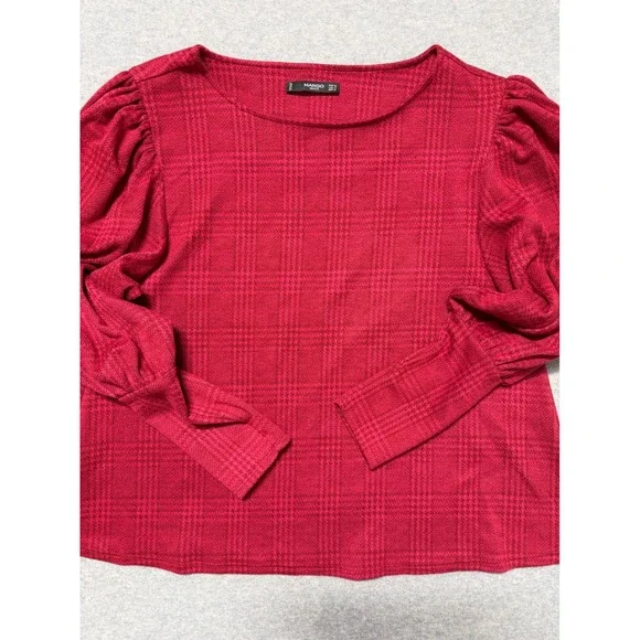 Mango Basics Red Glen Plaid Puff Sleeve Boat Neck Top Womens Size Small S - Picture 1 of 11